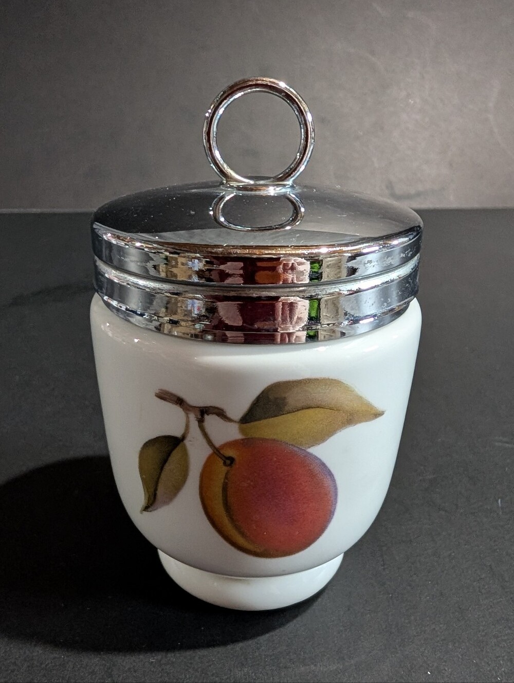 Royal Worcester Large Egg Coddler Porcelain Chrome Lid Evesham Peaches Berries